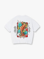 Vibrant Orange Japanese Koi Carp Lotus Wave Lucky Kanji Fortune Rising Print T-Shirt