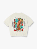 Vibrant Orange Japanese Koi Carp Lotus Wave Lucky Kanji Fortune Rising Print T-Shirt