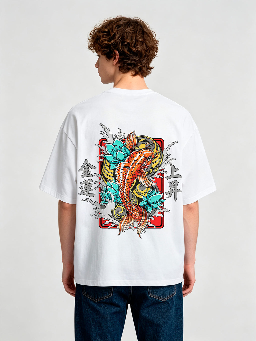 Vibrant Orange Japanese Koi Carp Lotus Wave Lucky Kanji Fortune Rising Print T-Shirt