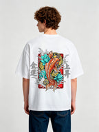 Vibrant Orange Japanese Koi Carp Lotus Wave Lucky Kanji Fortune Rising Print T-Shirt