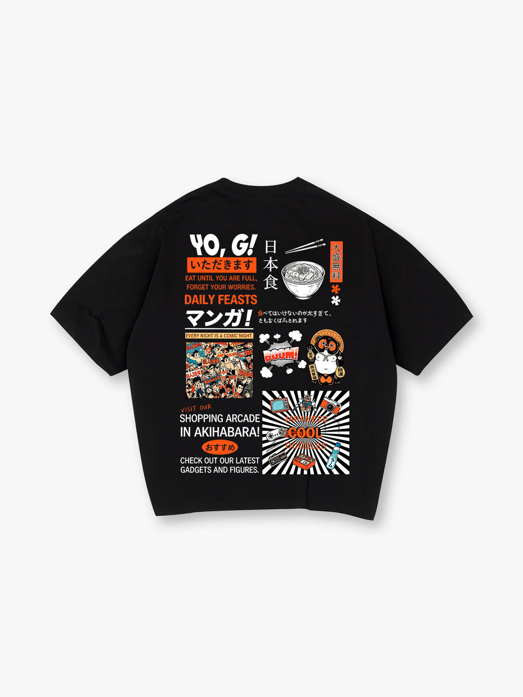Vintage Akihabara Japan Manga Ramen Maneki Neko Collage Kanji Text Back Print T-Shirt