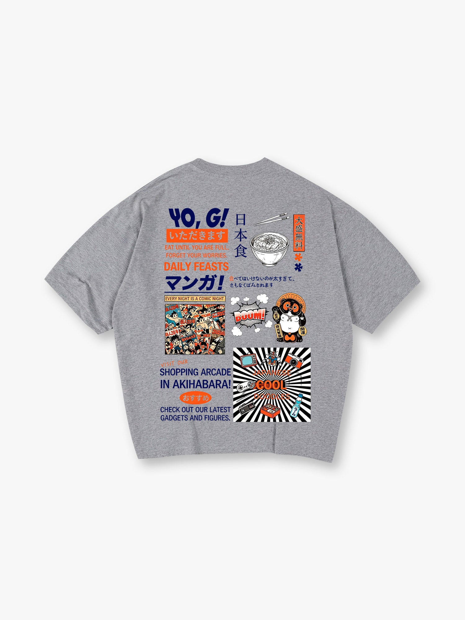 Vintage Akihabara Japan Manga Ramen Maneki Neko Collage Kanji Text Back Print T-Shirt