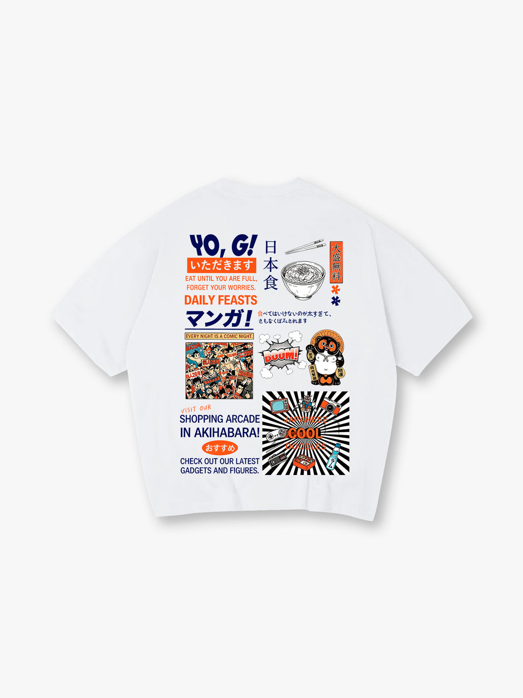 Vintage Akihabara Japan Manga Ramen Maneki Neko Collage Kanji Text Back Print T-Shirt