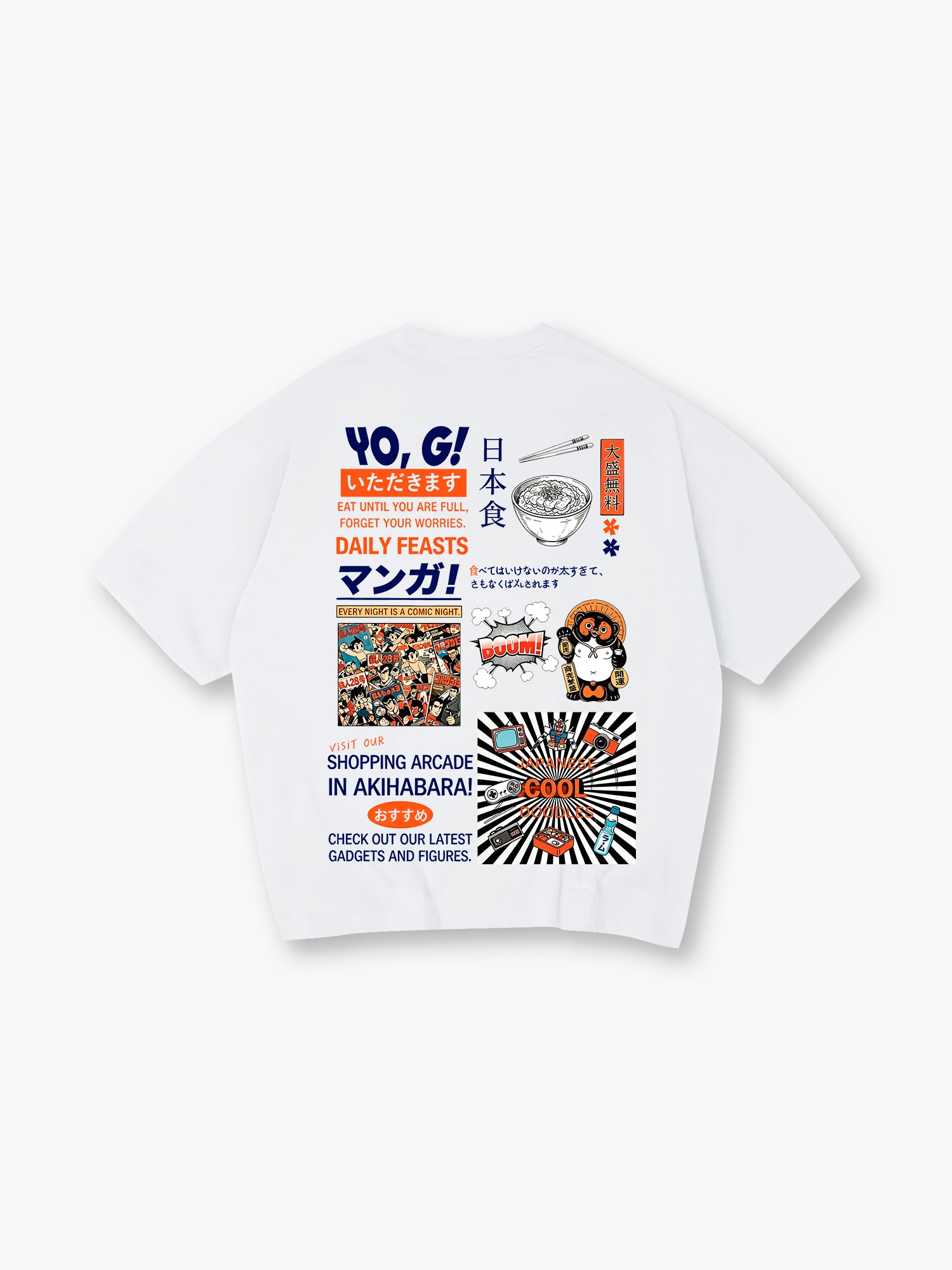 Vintage Akihabara Japan Manga Ramen Maneki Neko Collage Kanji Text Back Print T-Shirt
