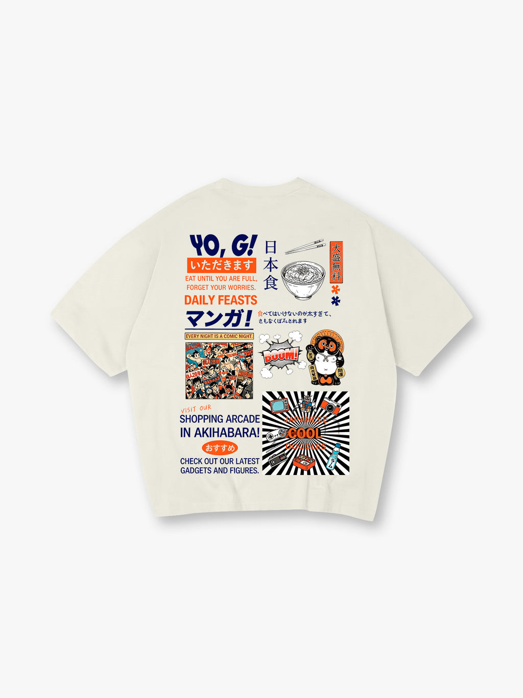 Vintage Akihabara Japan Manga Ramen Maneki Neko Collage Kanji Text Back Print T-Shirt