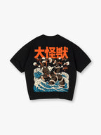 Vintage Japanese Giant Sea Monster Kaiju Big Waves Fighter Jets Orange Kanji Back Print T-Shirt