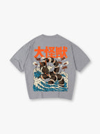 Vintage Japanese Giant Sea Monster Kaiju Big Waves Fighter Jets Orange Kanji Back Print T-Shirt