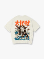 Vintage Japanese Giant Sea Monster Kaiju Big Waves Fighter Jets Orange Kanji Back Print T-Shirt