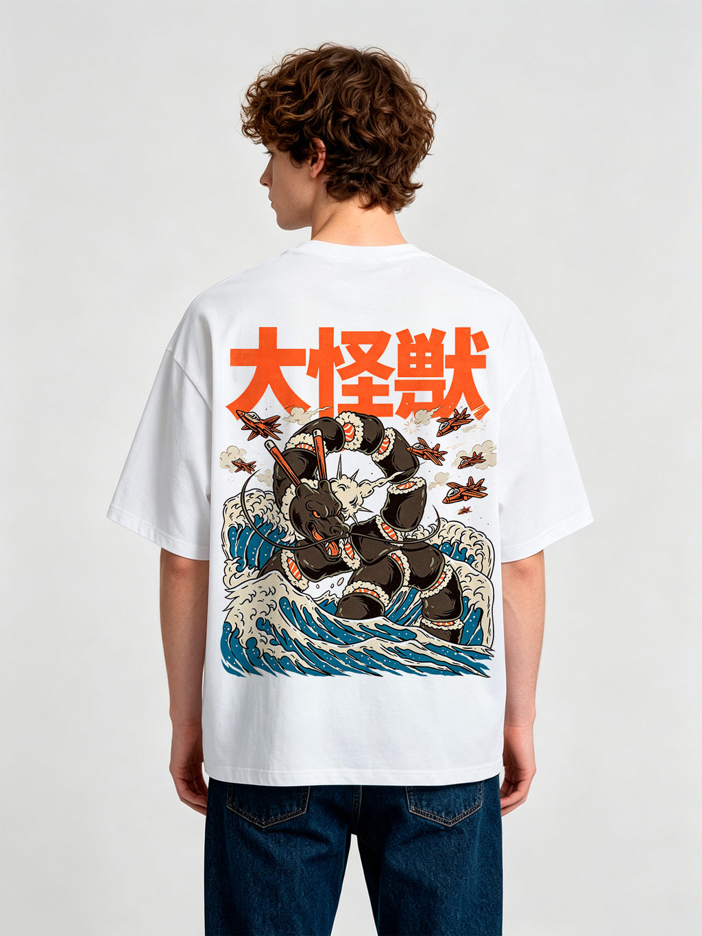 Vintage Japanese Giant Sea Monster Kaiju Big Waves Fighter Jets Orange Kanji Back Print T-Shirt