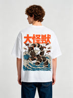 Vintage Japanese Giant Sea Monster Kaiju Big Waves Fighter Jets Orange Kanji Back Print T-Shirt