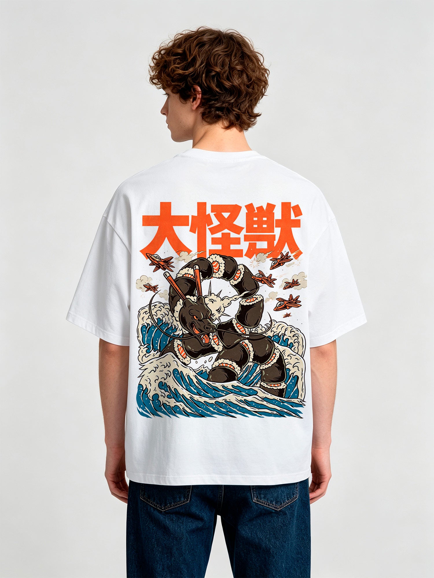 Vintage Japanese Giant Sea Monster Kaiju Big Waves Fighter Jets Orange Kanji Back Print T-Shirt