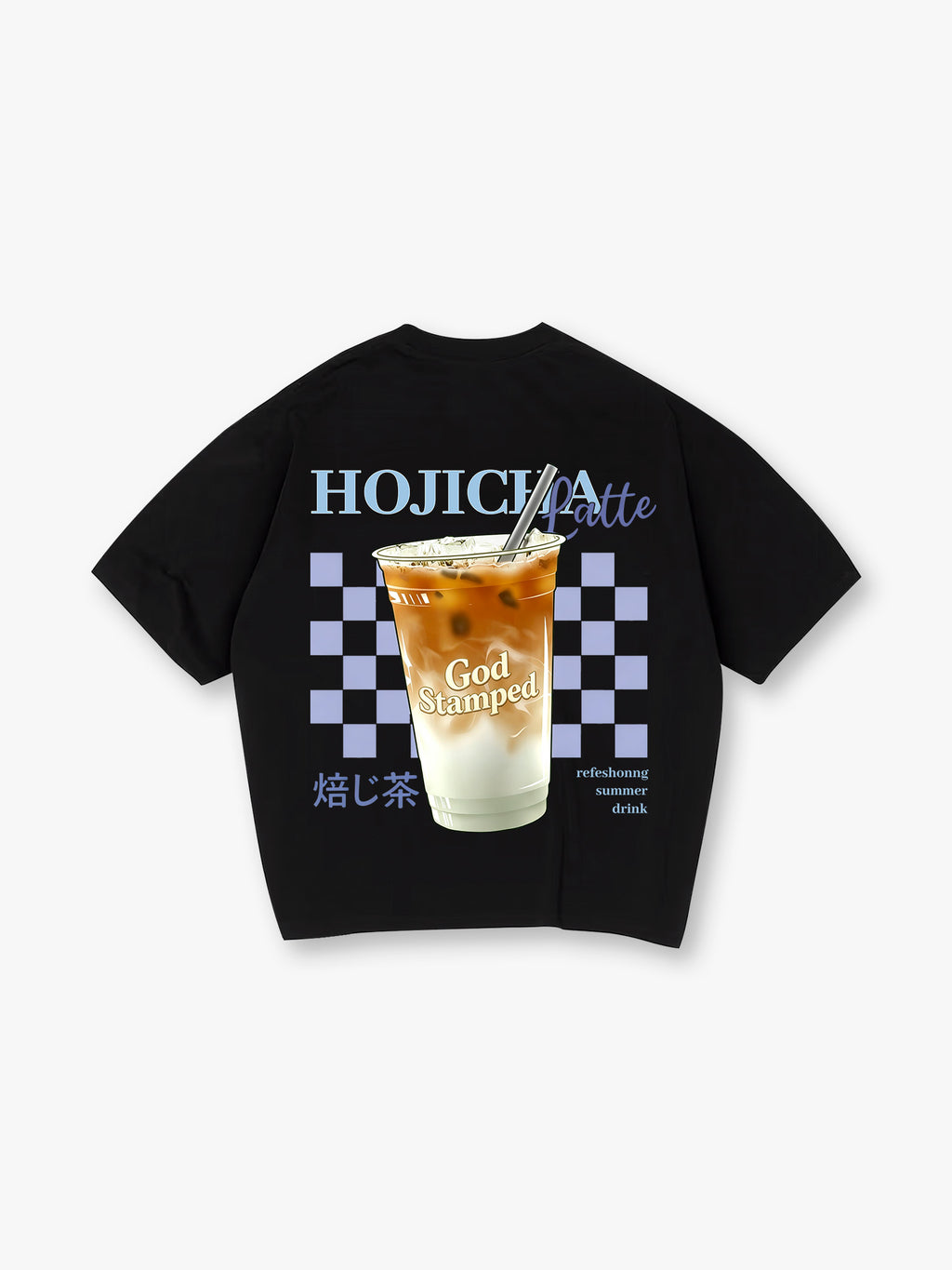 Cute Iced Hojicha Latte Summer Drink Checkerboard God Stamped Japanese Kanji Back T-Shirt