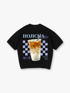 Cute Iced Hojicha Latte Summer Drink Checkerboard God Stamped Japanese Kanji Back T-Shirt