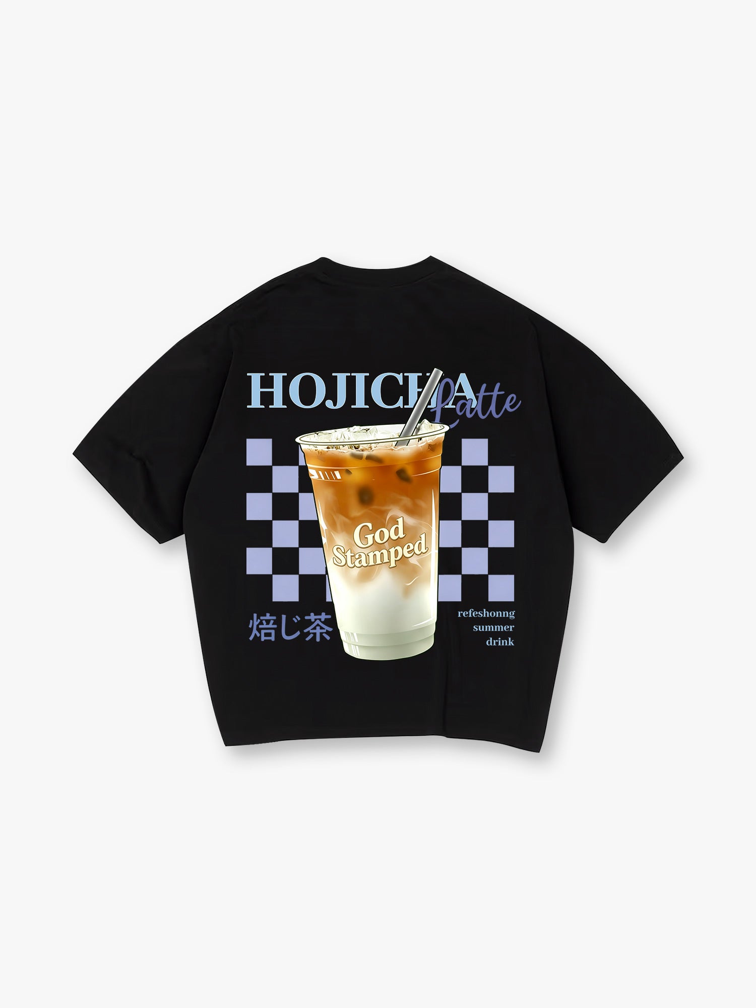 Cute Iced Hojicha Latte Summer Drink Checkerboard God Stamped Japanese Kanji Back T-Shirt