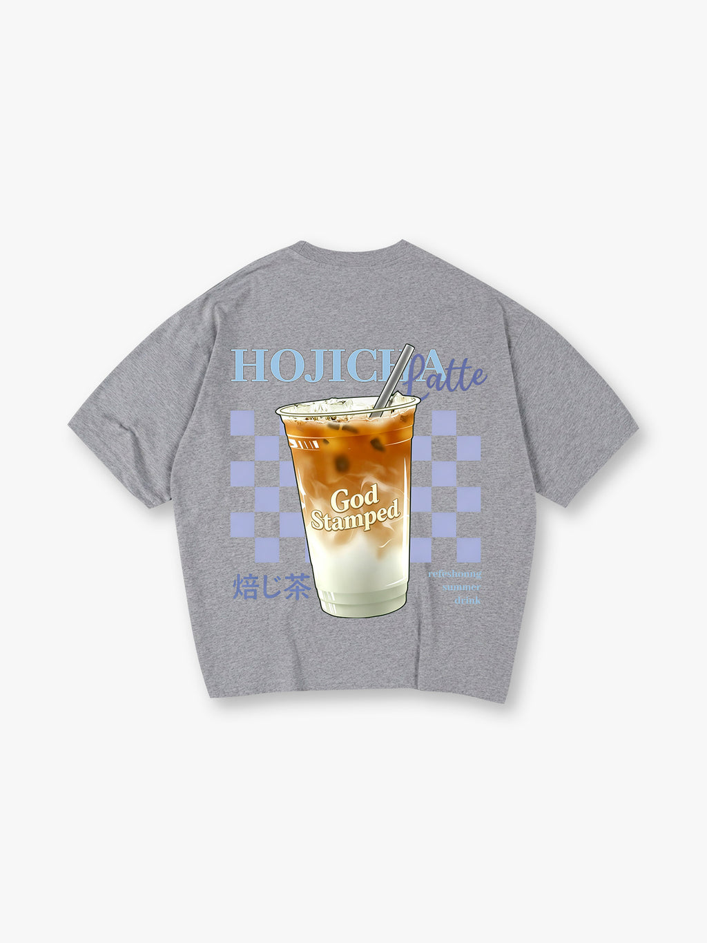 Cute Iced Hojicha Latte Summer Drink Checkerboard God Stamped Japanese Kanji Back T-Shirt