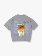 Cute Iced Hojicha Latte Summer Drink Checkerboard God Stamped Japanese Kanji Back T-Shirt