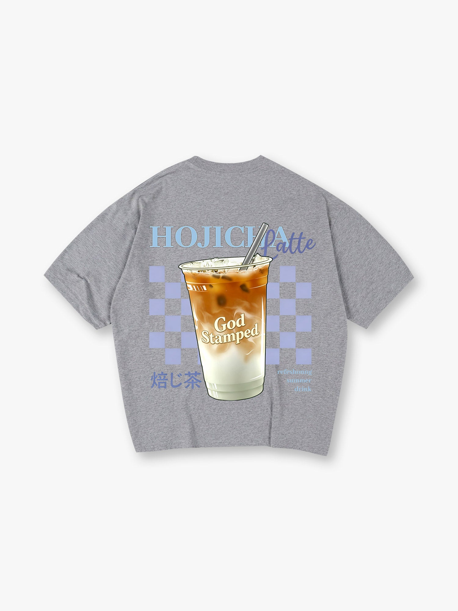 Cute Iced Hojicha Latte Summer Drink Checkerboard God Stamped Japanese Kanji Back T-Shirt