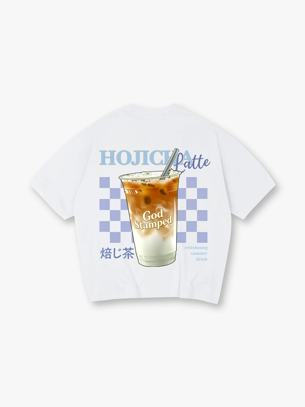 Cute Iced Hojicha Latte Summer Drink Checkerboard God Stamped Japanese Kanji Back T-Shirt