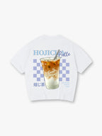 Cute Iced Hojicha Latte Summer Drink Checkerboard God Stamped Japanese Kanji Back T-Shirt