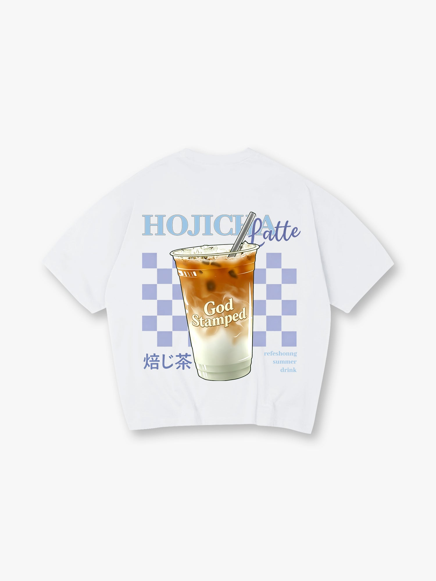Cute Iced Hojicha Latte Summer Drink Checkerboard God Stamped Japanese Kanji Back T-Shirt