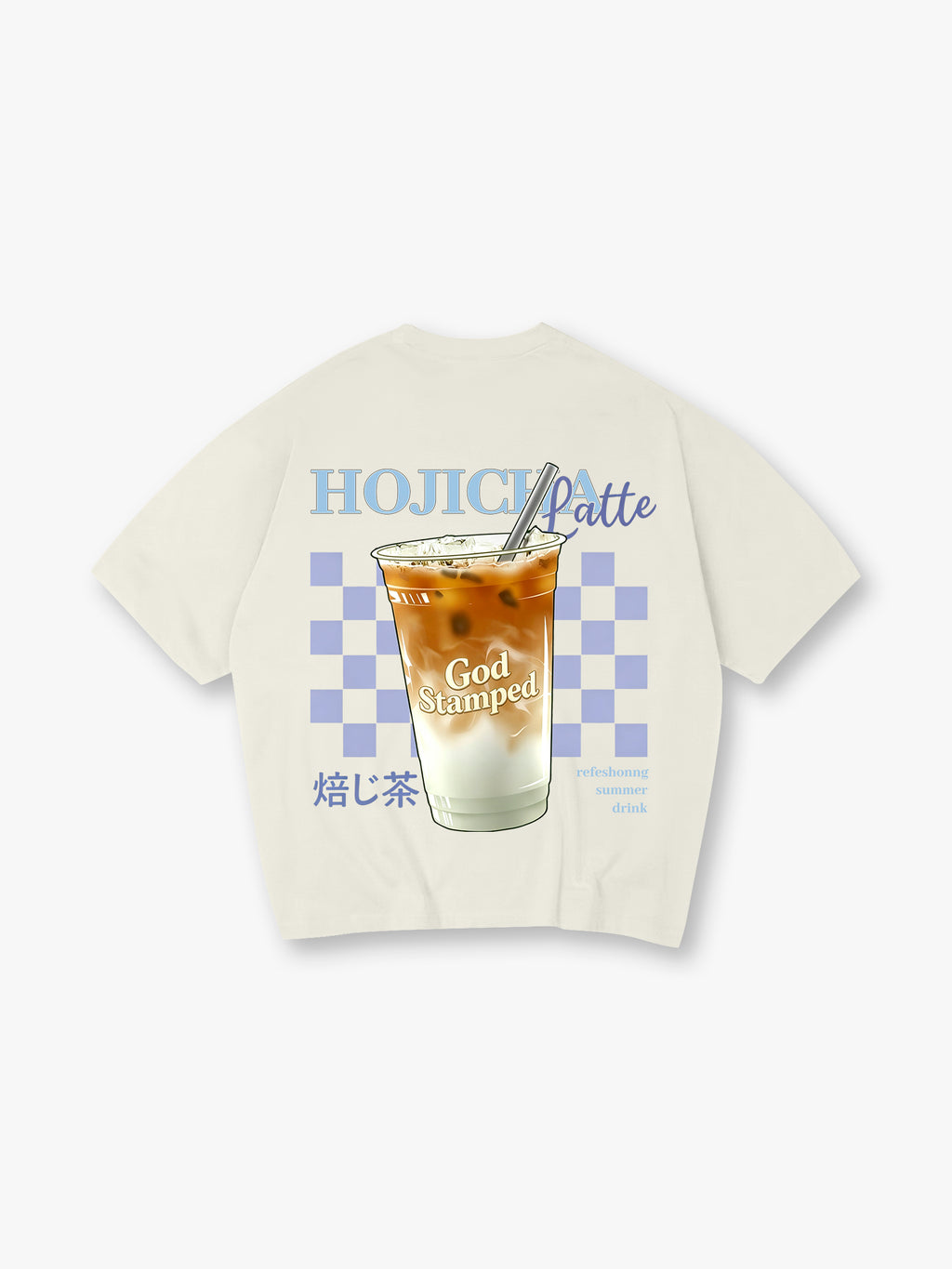 Cute Iced Hojicha Latte Summer Drink Checkerboard God Stamped Japanese Kanji Back T-Shirt