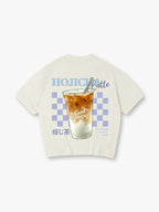 Cute Iced Hojicha Latte Summer Drink Checkerboard God Stamped Japanese Kanji Back T-Shirt