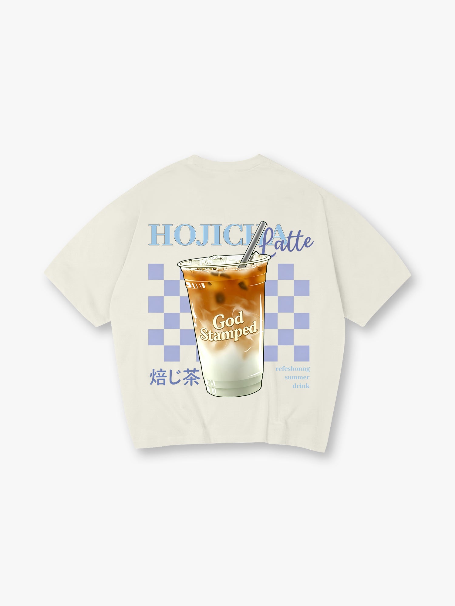 Cute Iced Hojicha Latte Summer Drink Checkerboard God Stamped Japanese Kanji Back T-Shirt