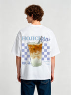 Cute Iced Hojicha Latte Summer Drink Checkerboard God Stamped Japanese Kanji Back T-Shirt