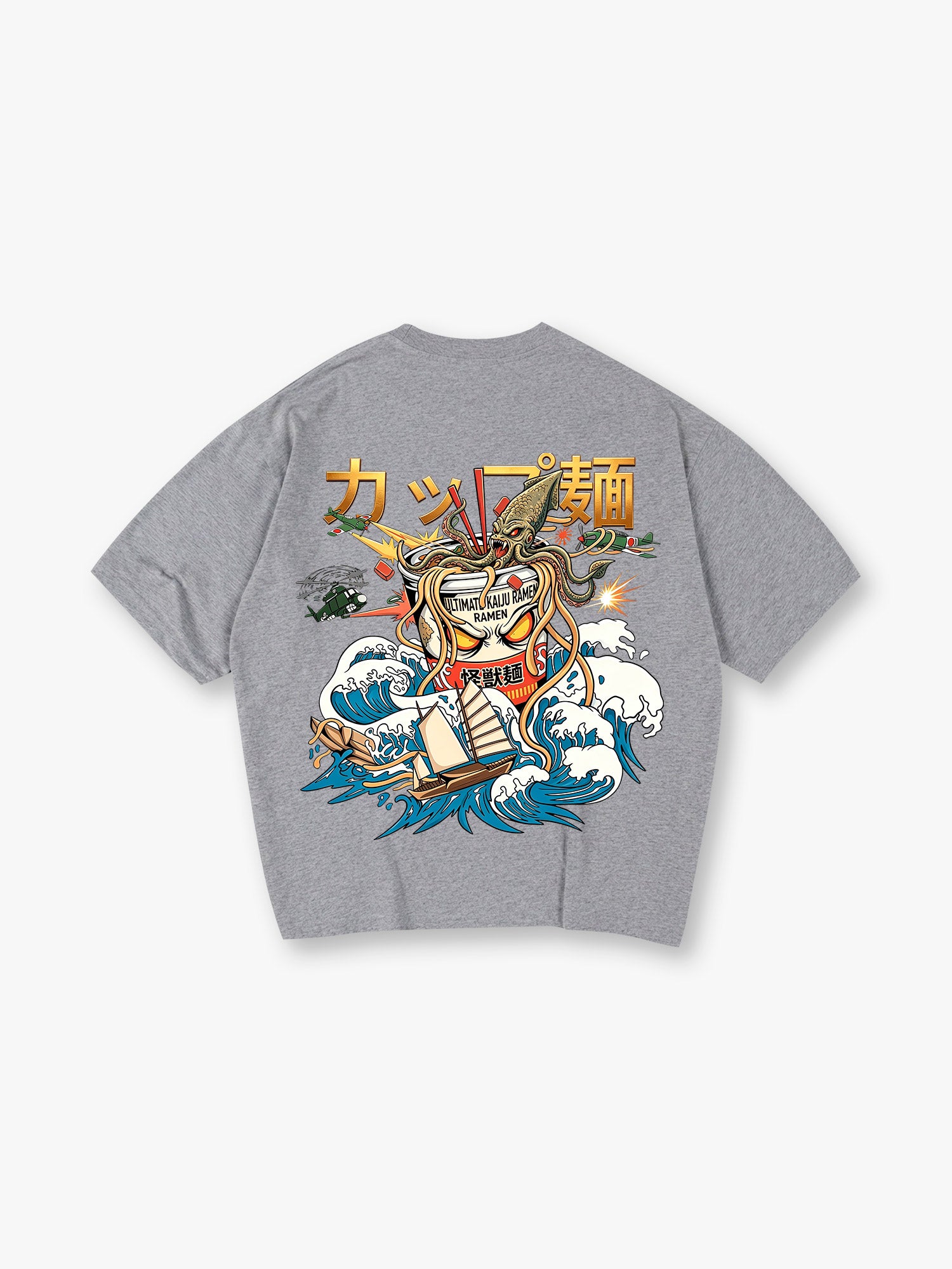 Vibrant Kaiju Octopus Cup Ramen Great Wave Fighter Jets Japanese Kanji T-Shirt