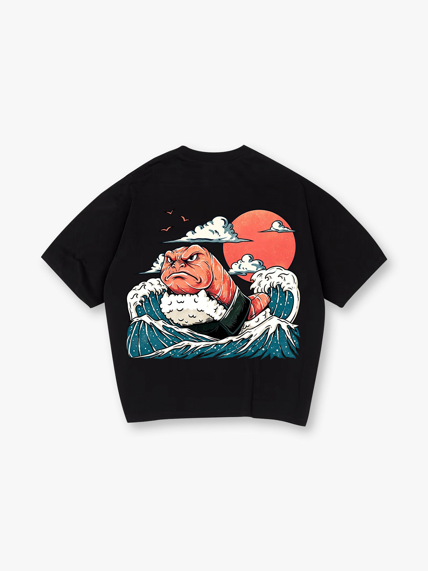 Angry Salmon Sushi Monster Ukiyo-E Great Wave Red Sun Cloud Seagull T-Shirt