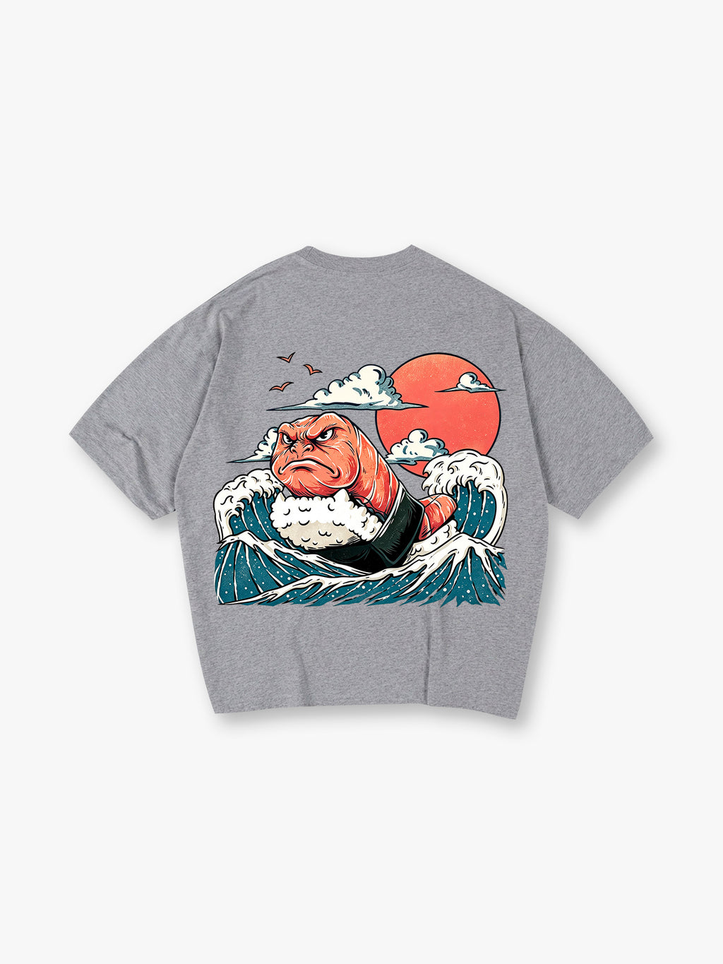 Angry Salmon Sushi Monster Ukiyo-E Great Wave Red Sun Cloud Seagull T-Shirt