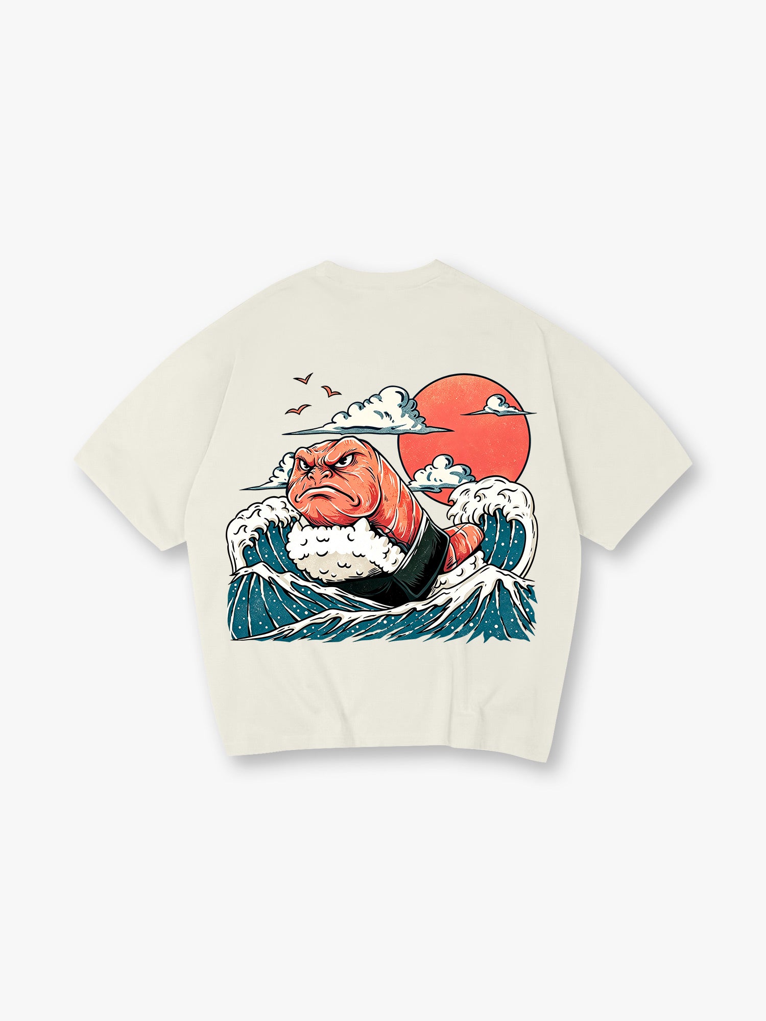 Angry Salmon Sushi Monster Ukiyo-E Great Wave Red Sun Cloud Seagull T-Shirt