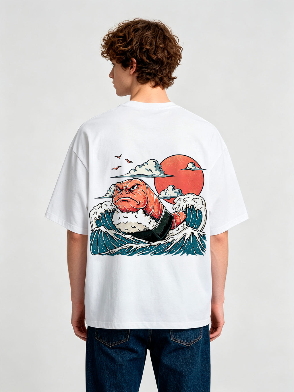 Angry Salmon Sushi Monster Ukiyo-E Great Wave Red Sun Cloud Seagull T-Shirt