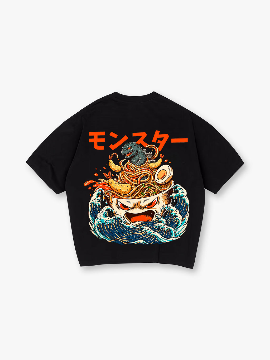 Giant Ramen Bowl Tempura Ukiyo-E Waves Orange Japanese Monster Kanji T-Shirt