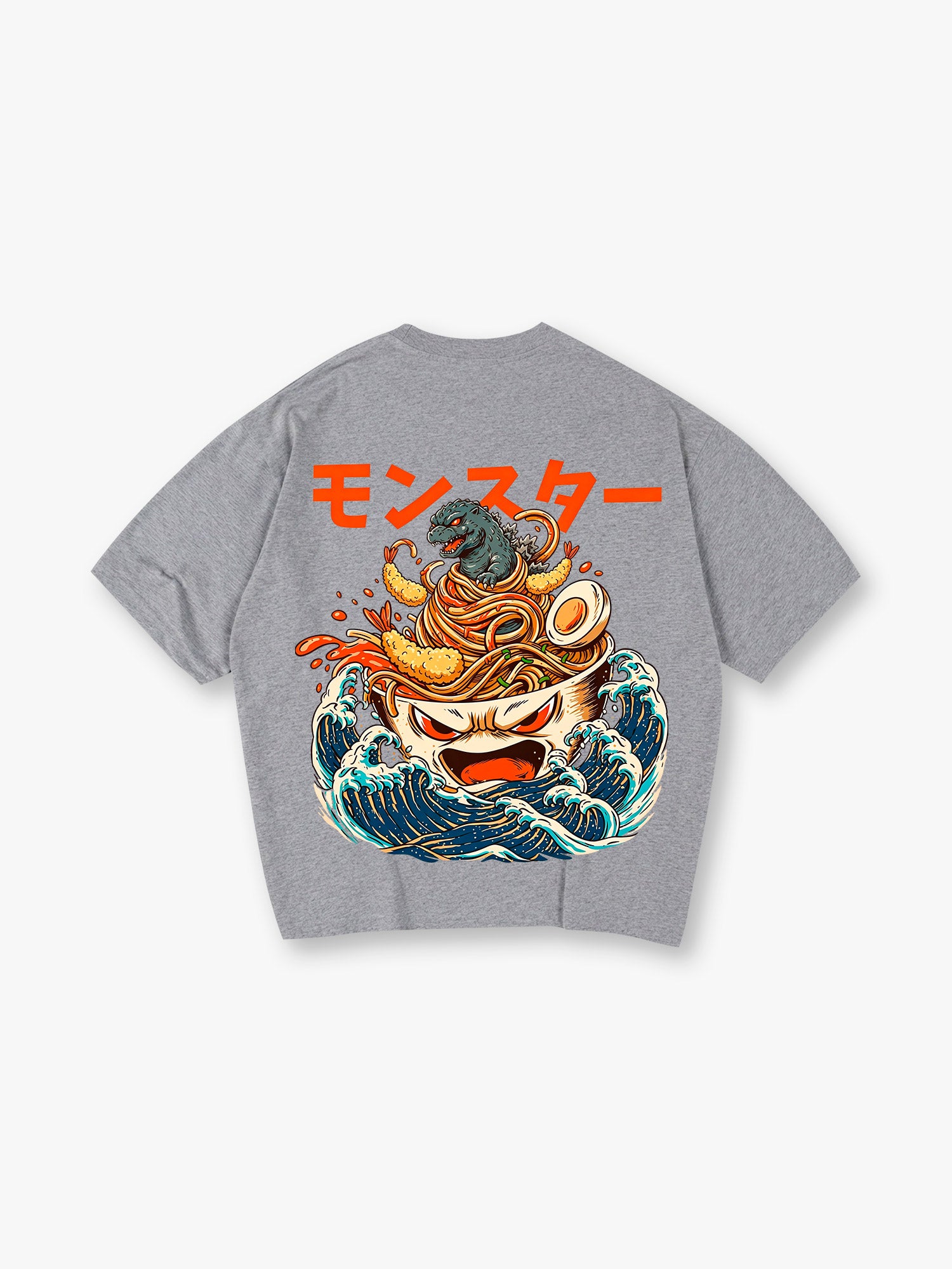 Giant Ramen Bowl Tempura Ukiyo-E Waves Orange Japanese Monster Kanji T-Shirt