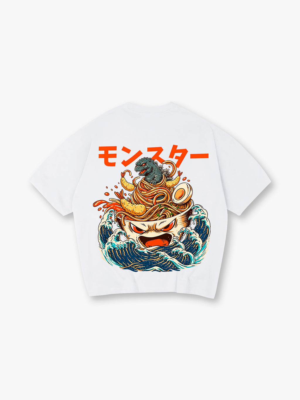 Giant Ramen Bowl Tempura Ukiyo-E Waves Orange Japanese Monster Kanji T-Shirt