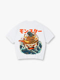 Giant Ramen Bowl Tempura Ukiyo-E Waves Orange Japanese Monster Kanji T-Shirt