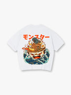 Giant Ramen Bowl Tempura Ukiyo-E Waves Orange Japanese Monster Kanji T-Shirt