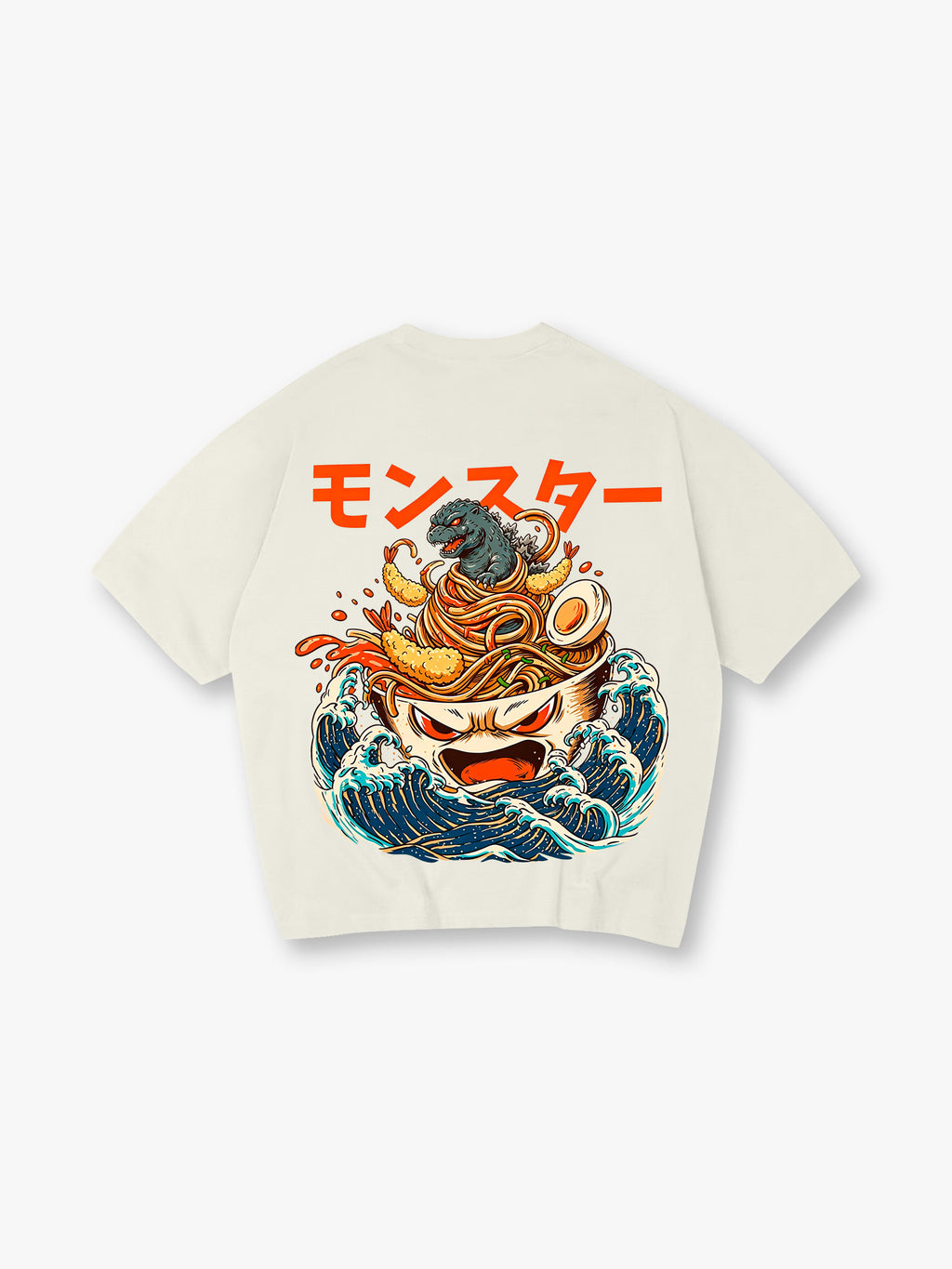 Giant Ramen Bowl Tempura Ukiyo-E Waves Orange Japanese Monster Kanji T-Shirt