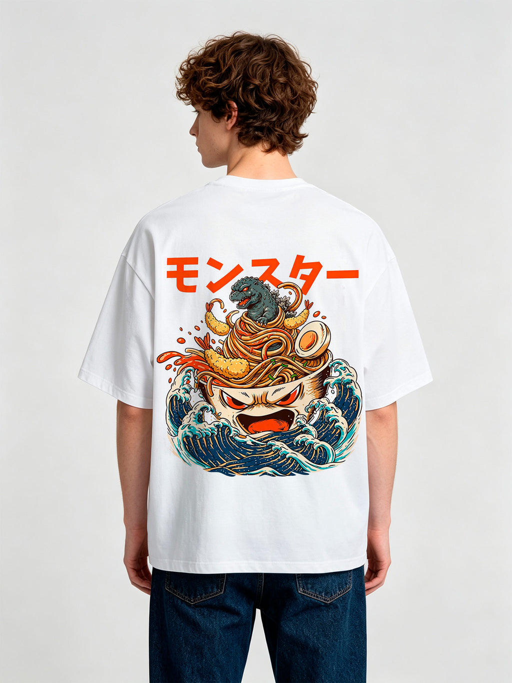 Giant Ramen Bowl Tempura Ukiyo-E Waves Orange Japanese Monster Kanji T-Shirt