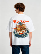 Giant Ramen Bowl Tempura Ukiyo-E Waves Orange Japanese Monster Kanji T-Shirt