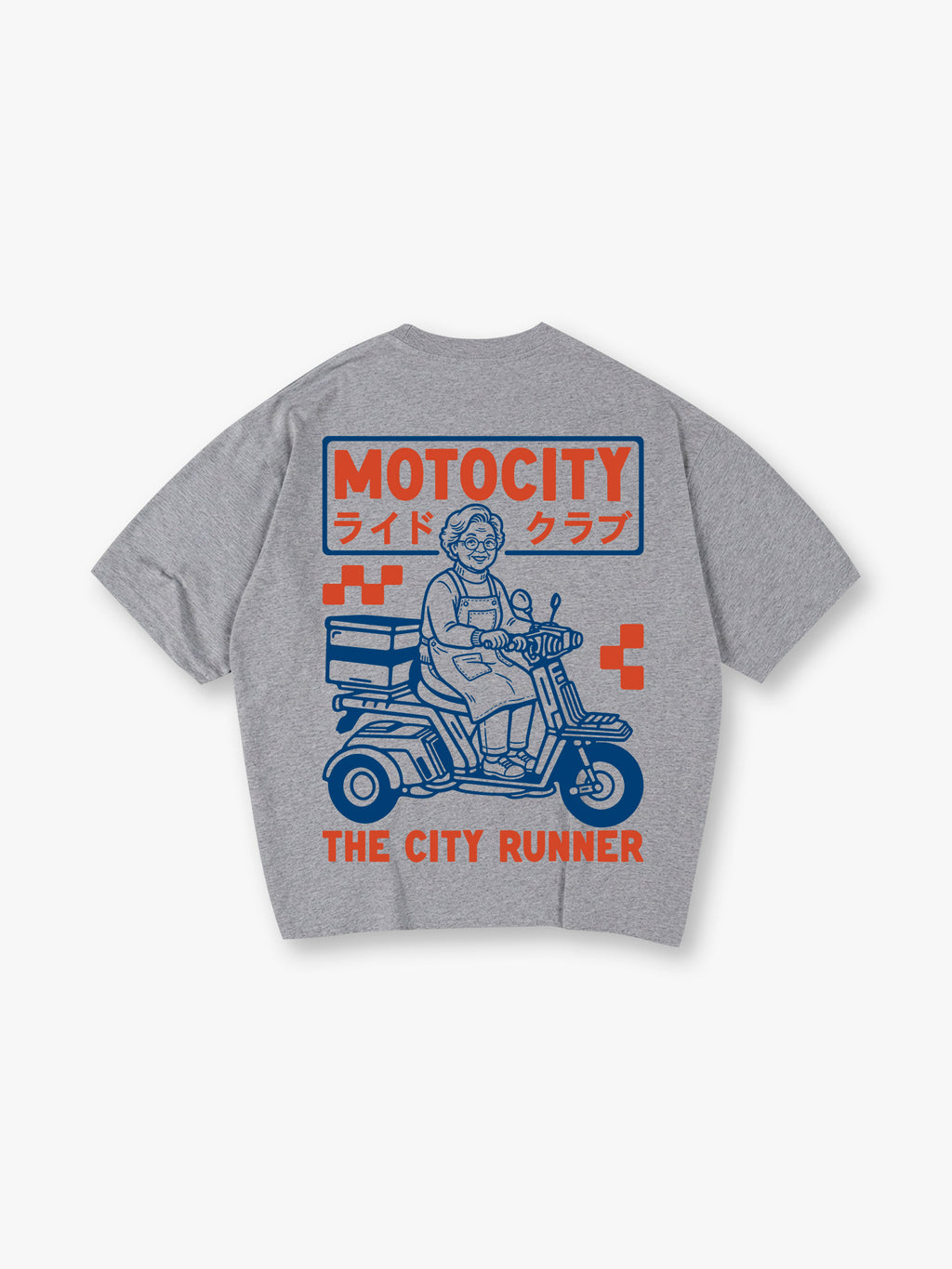 Vintage Motocity Grandma Scooter Delivery Bike Japanese Katakana City Runner Print T-Shirt