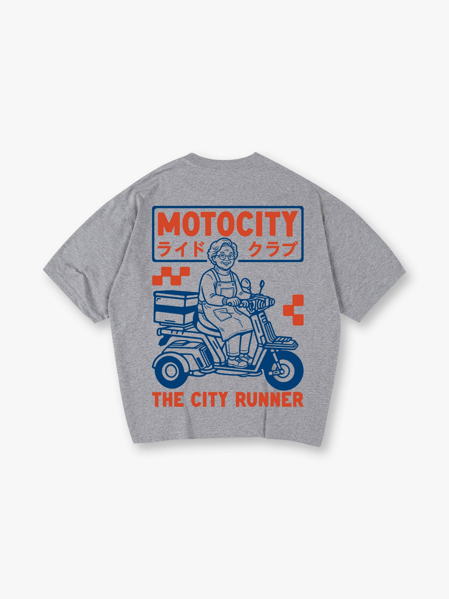 Vintage Motocity Grandma Scooter Delivery Bike Japanese Katakana City Runner Print T-Shirt