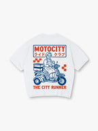 Vintage Motocity Grandma Scooter Delivery Bike Japanese Katakana City Runner Print T-Shirt