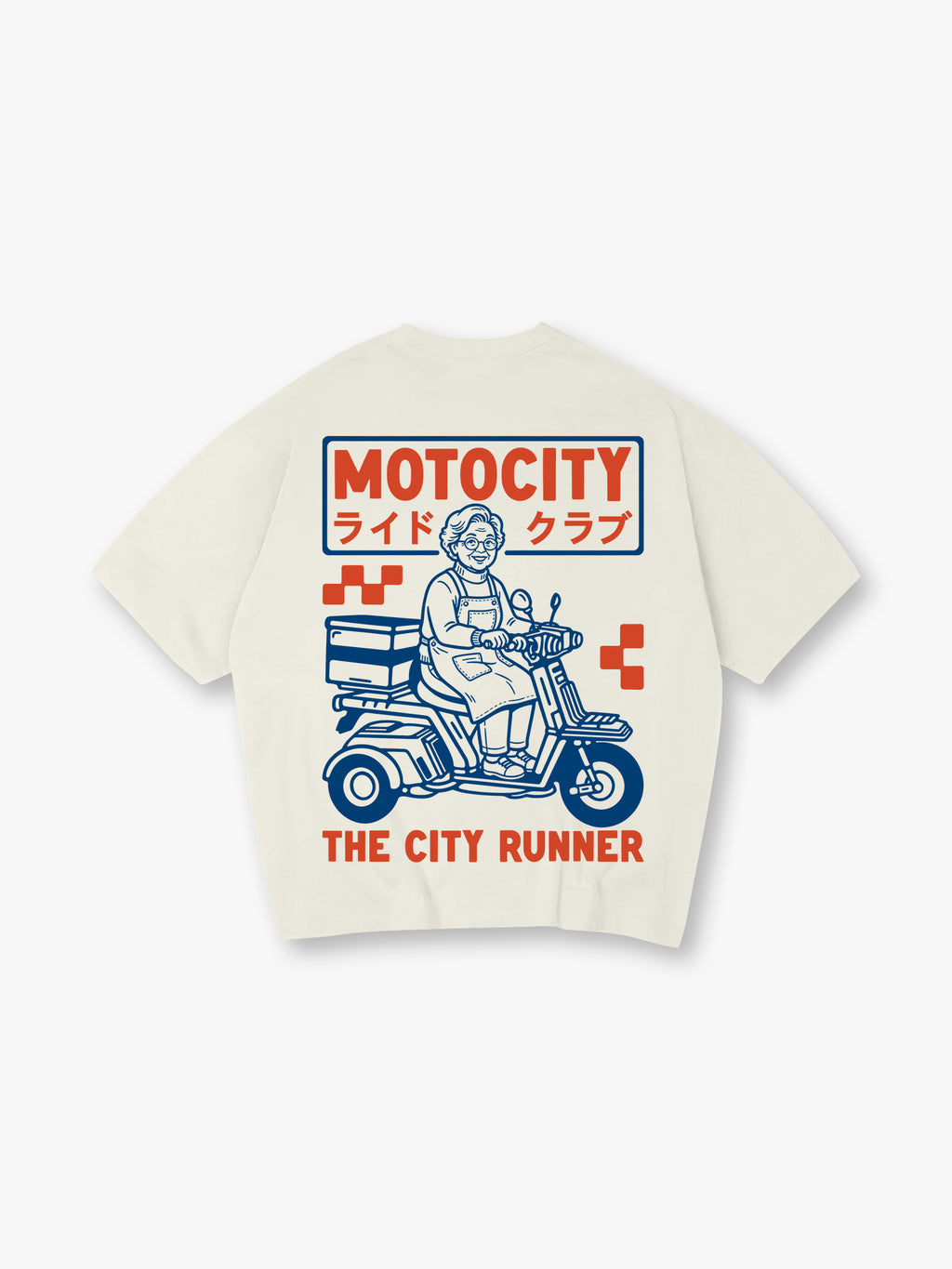 Vintage Motocity Grandma Scooter Delivery Bike Japanese Katakana City Runner Print T-Shirt