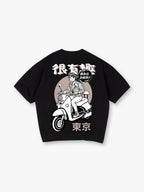 Manga Anime Girl Riding Scooter Tokyo Japanese Mixed Lettering T-Shirt