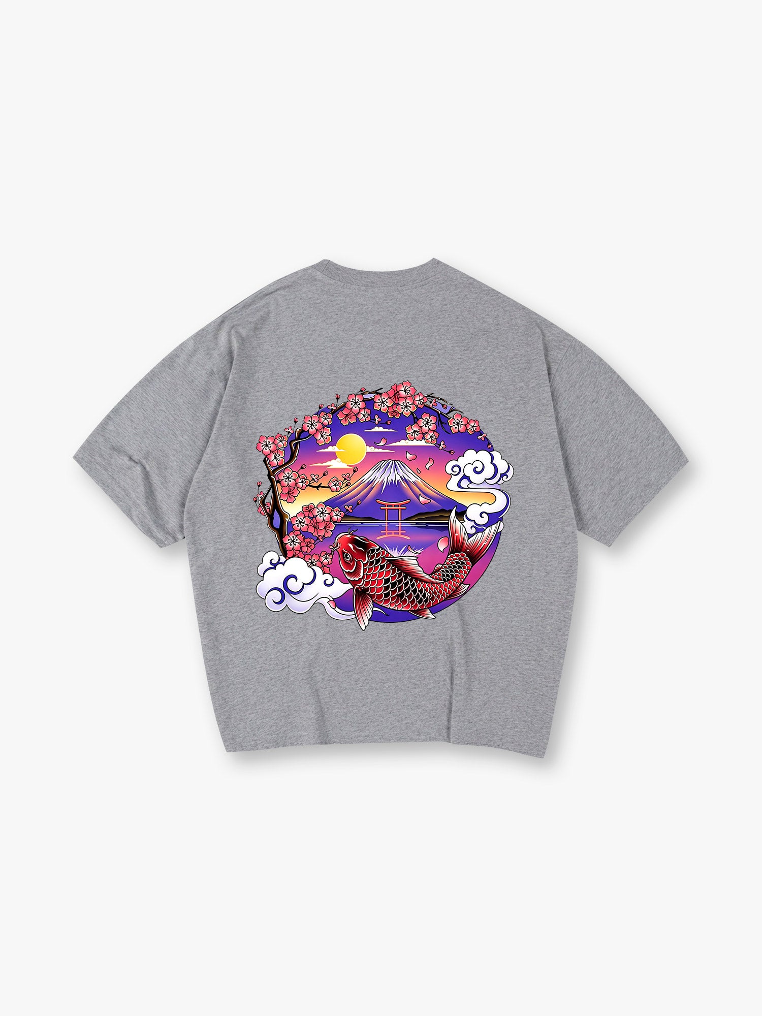Vibrant Japanese Fuji Mountain Red Koi Carp Cherry Blossom Torii Gate Sunset Cloud Print  T-Shirt