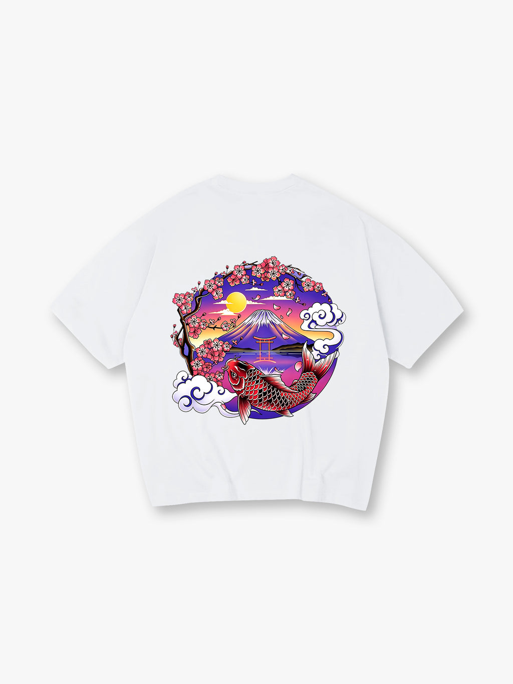 Vibrant Japanese Fuji Mountain Red Koi Carp Cherry Blossom Torii Gate Sunset Cloud Print  T-Shirt
