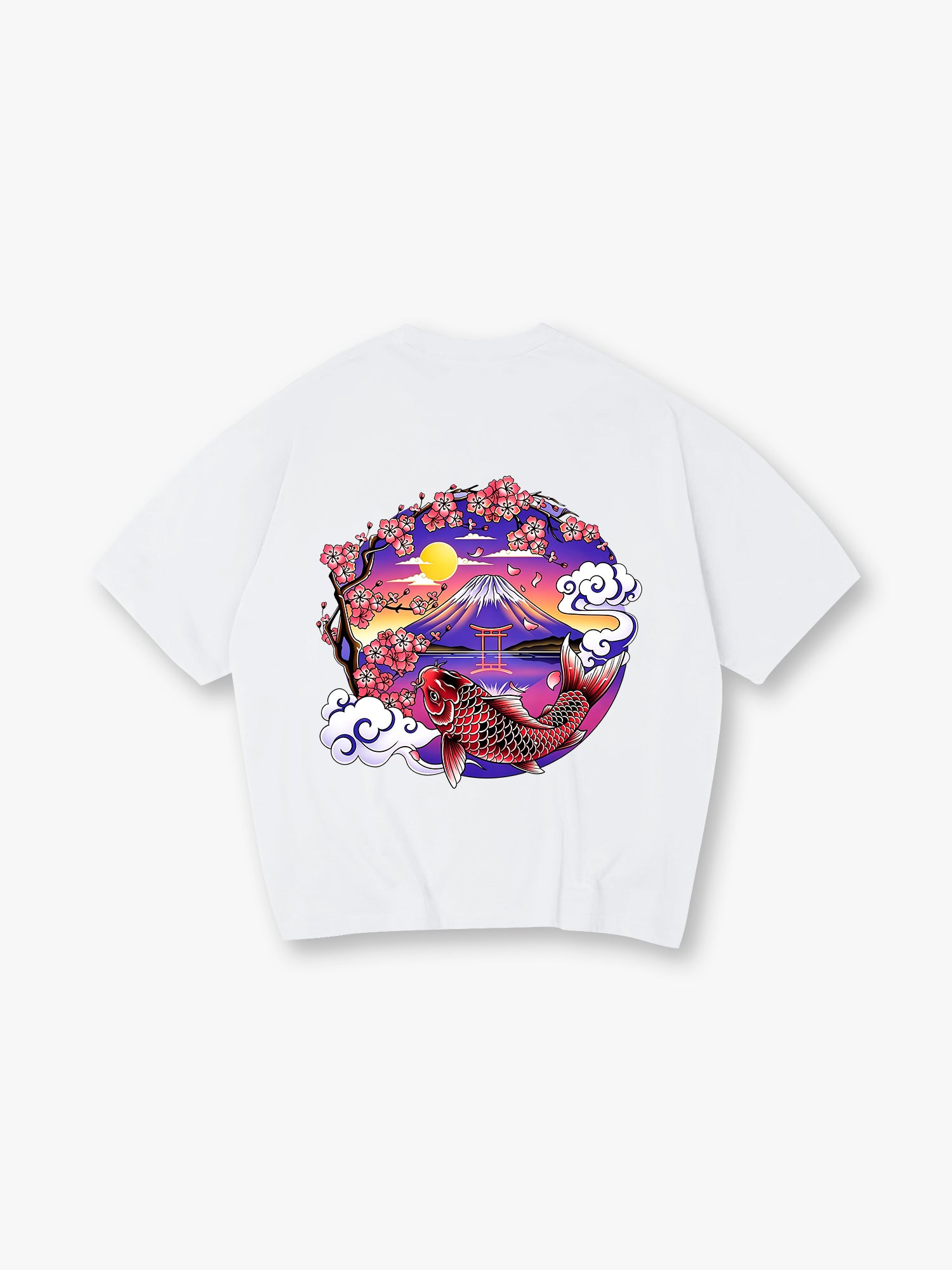 Vibrant Japanese Fuji Mountain Red Koi Carp Cherry Blossom Torii Gate Sunset Cloud Print  T-Shirt
