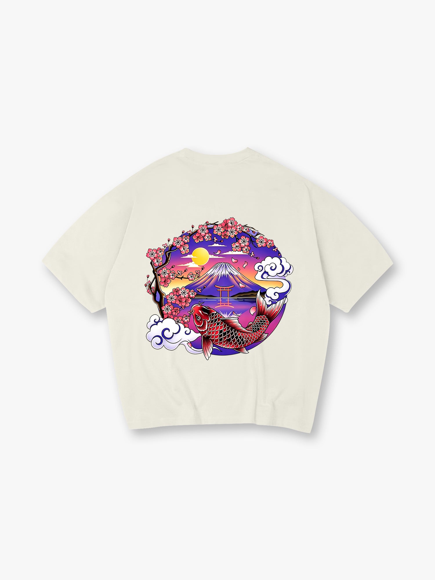 Vibrant Japanese Fuji Mountain Red Koi Carp Cherry Blossom Torii Gate Sunset Cloud Print  T-Shirt